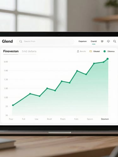 High-fidelity UI mockup of a clean financial dashboard with a subtle green growth curve, modern Indonesian workspace background, window light.