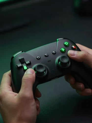 Close-up of a gamer's hands holding a sleek black wireless controller with glowing green LED accents, dark moody background, high-contrast, 35mm