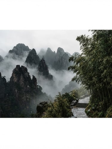 Wide panoramic misty mountain peaks with a grove of bamboo stalks on the right, soft diffused overcast daylight, deep shadows, high contrast, atmospheric fine art photography, 35mm