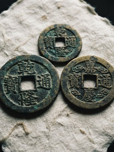 Macro close-up of three ancient Chinese coins with rich patina, arranged on a textured, off-white paper, soft diffused overcast daylight, deep shadows, high contrast, 35mm
