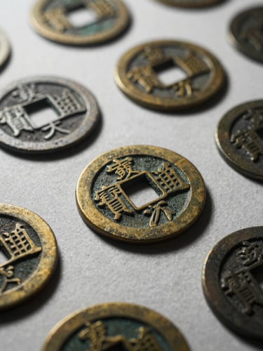 Close-up of ancient Chinese coins with worn patinas, arranged on a textured, off-white paper, soft diffused light, deep shadows, atmospheric fine art photography, high contrast, 35mm, deep charcoal and matte gold tones.