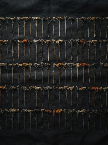 Close-up atmosférico de 50 varetas de milefólio dispostas simetricamente sobre um fundo de tecido escuro e texturizado, com luz difusa e sombras profundas, tons de cinza e dourado fosco.