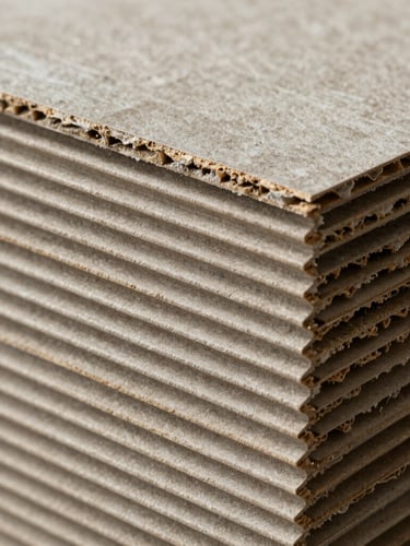 Macro orthographic shot of raw micro-corrugated board layers under clean studio lighting, highlighting structural flute patterns.
