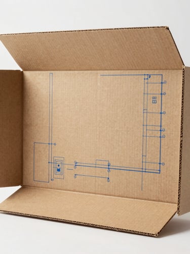 Flat-lay structural cardboard box template showing precise folding lines and technical blue blueprint markings, bright studio lighting.