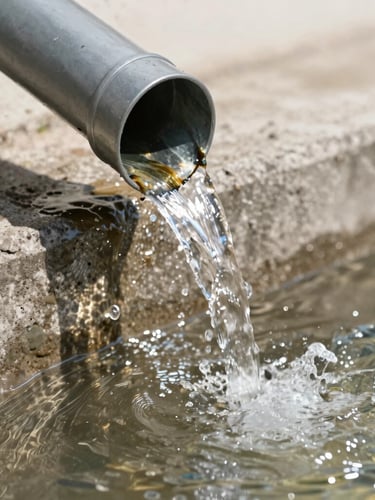 Close-up action shot of a clean downspout opening at ground level, clear water rushing out forcefully onto a concrete splash block, bright Florida sunlight reflecting off the water.