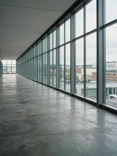 Wide architectural view of a Berlin office corridor, floor-to-ceiling windows on the right casting even north-facing daylight across polished concrete floors, empty and ordered, no people visible