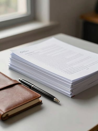 Close-up of a neatly stacked set of documents and a closed leather notebook on a light gray desk, pen resting precisely beside them, north-facing daylight from the left, no people, architectural calm