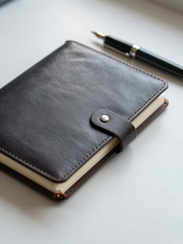 Close-up of a closed leather notebook and a fountain pen resting on a clean desk surface, shot under even north-facing daylight, no people, precise and orderly composition