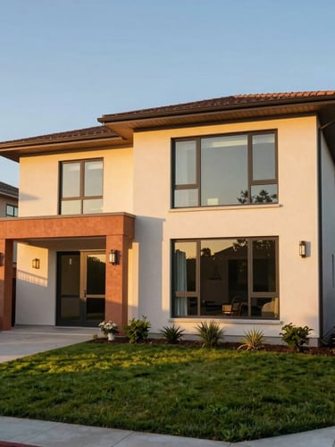 Warm golden hour light hitting the clean modern facade of a two-story suburban house, featuring large glass windows, terracotta accents, and a neat green garden in the foreground.
