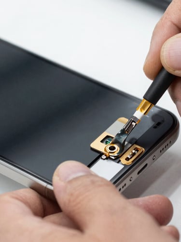 Close-up macro shot of a technician carefully replacing a mobile phone screen under bright neutral workshop light, shallow depth of field, 50mm