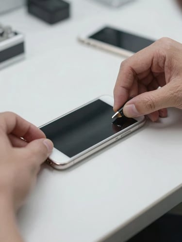 Tight macro shot of hands carefully replacing a phone screen on a clean technical workbench under crisp neutral light, shallow depth of field