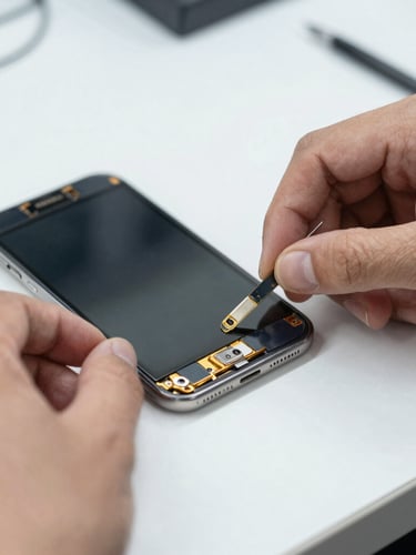 Crisp macro photography of a technician's hands carefully replacing a mobile phone screen on a clean, bright white workbench under neutral light, shallow depth of field, 50mm