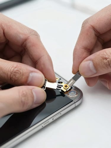 Crisp macro photography of hands carefully replacing a phone screen under bright neutral workshop light, clean technical details, shallow depth of field, 50mm