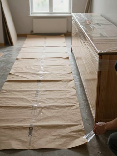 Wide environmental shot of a room being systematically cleared, kraft paper and branded stretch wrap laid out in sequence on the floor, a crew member's hands visible at the lower frame edge securing a wrapped corner of a wooden sideboard, north-facing window light, no styled moments