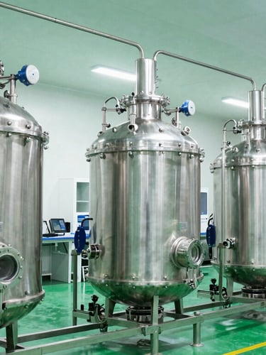 Wide shot of modern stainless steel chemical reactors in a brightly lit, clean Egyptian manufacturing facility, clinical green accents, sharp focus.