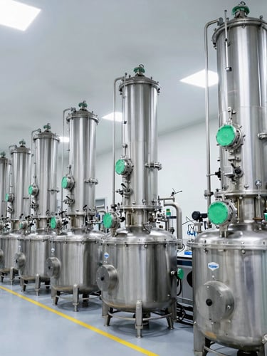 Wide-angle industrial chemical manufacturing facility, stainless steel distillation reactors, clean high-key laboratory lighting, sharp focus, 35mm lens