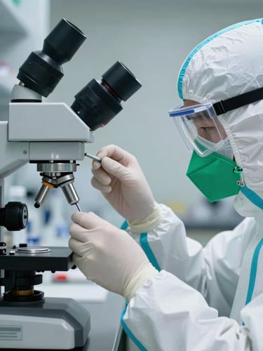 Close-up of a laboratory technician in clean protective gear examining chemical purity under bright clinical light, stainless steel equipment, sharp focus