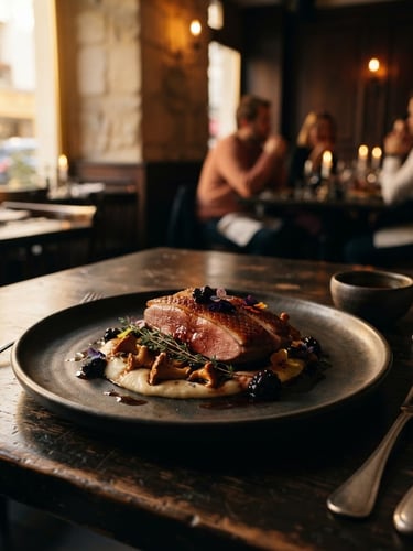 Moody food photography, warm golden-hour side light, elegant dining room of Restaurant Modia in Paris, dark ceramic tableware on wooden tables, shallow depth of field, 35mm