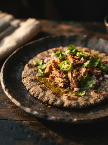 Moody close-up of a beautifully plated Garba with tuna and fresh chili on dark ceramic tableware, warm dramatic golden-hour side light, shallow depth of field, 35mm