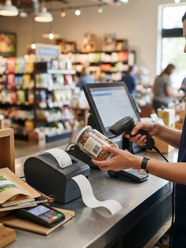 Realistic commercial photography of a modern retail checkout counter, hands of a cashier scanning a product with a barcode scanner, thermal printer printing a receipt, natural indoor lighting, sharp focus, 35mm