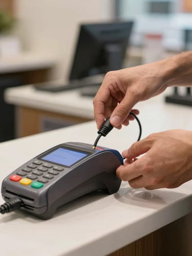 Close-up of a technician's hands carefully connecting cables to a POS terminal, on a clean, light-colored counter, natural indoor business lighting.