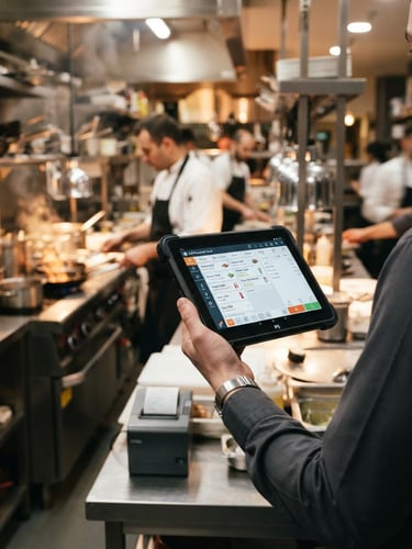 Close-up of a hand holding a modern P5 comandera tablet, displaying a Soft Restaurant Cloud interface for order taking, in a busy, well-lit restaurant kitchen environment, with a chef working in the background. Natural indoor business lighting, sharp focus, 35mm.