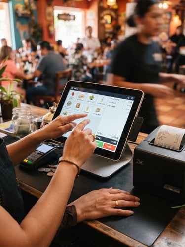 Hands of a cashier operating a modern touchscreen point-of-sale terminal in a busy Mexican restaurant, thermal printer printing a ticket in the background, natural indoor business lighting, sharp focus, 35mm