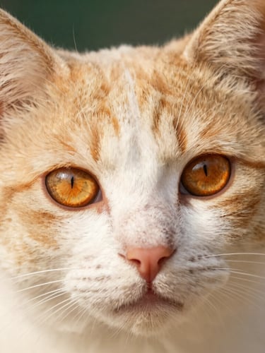 Macro close-up of expressive, warm orange-gold kitten eyes, soft natural daylight, shallow depth of field, rich cream tones, 85mm lens