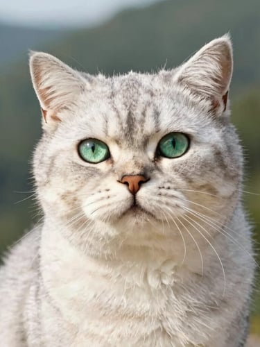 Close-up elegant portrait of a majestic forest green eyed silver shaded British Shorthair stud cat, soft natural mountain light, shallow depth of field