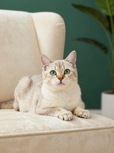 An elegant pedigree kitten with expressive green eyes lounging on a luxurious cream velvet armchair, soft natural daylight, shallow depth of field, warm editorial style.
