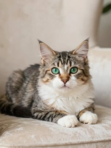 A close-up portrait of a fluffy pedigree kitten with striking green eyes lounging on a cream-colored velvet armchair, soft natural daylight, shallow depth of field