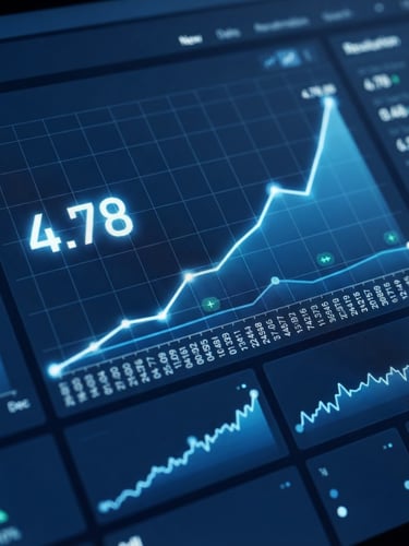 Sharp macro shot of a clean digital analytics dashboard showing rising ROAS charts, cool blue and deep navy tones, bright studio lighting