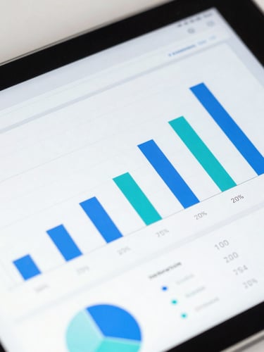 Macro shot of a high-contrast digital analytics dashboard on a tablet, displaying bright blue and teal conversion charts, cool studio lighting
