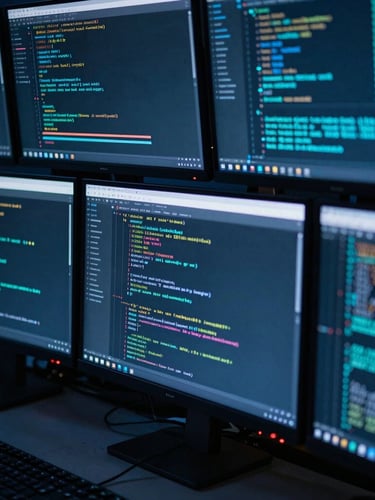 Close-up of a developer workspace with multiple monitors displaying complex code and data flow diagrams, cool blue and cybernetic cyan undertones, sharp focus, 35mm lens