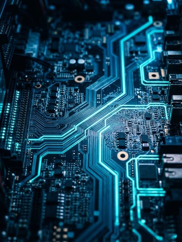 Macro close-up of high-end server circuitry, cool blue and cybernetic neon cyan lighting, sharp focus on data lanes, dark technical photography