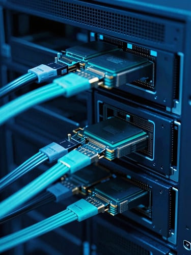 Macro shot of high-end server hardware with cool blue and neon cyan lighting, focusing on data transmission cables and processors, dark technical photography, 35mm lens