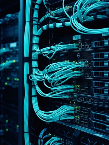 Close-up of a high-end server rack with neon cyan status lights, dark technical photography, cool blue undertones, sharp focus on data cabling, 35mm lens