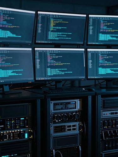 Clean developer workspace with multiple monitors displaying complex backend code, dim low-key dramatic lighting, cybernetic cyan undertones, dark technical photography