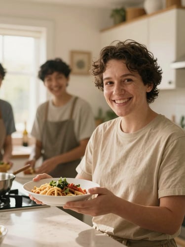 Adult with developmental disability proudly showing a meal they cooked in a warm, sunlit home kitchen, support staff smiling in background, authentic moment, natural daylight, soft golden tones, shallow depth of field, 35mm lens