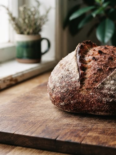 Close-up of a rustic artisanal sourdough bread on a wooden cutting board, soft natural window light, warm editorial photography, rich carmine and deep green tones, 35mm film, Scandinavian aesthetic, with generous negative space on the left.