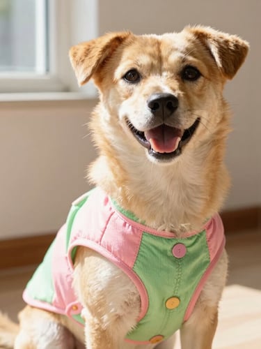 Bright cheerful dog of unique mixed breed sitting happily in a sunny room, wearing a perfectly fitted colorful pink and green hand-stitched vest, close-up, warm natural daylight
