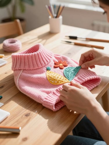 Warm sunny workshop in Celaya, a hand-stitched colorful pink pet sweater being finalized on a wooden table, soft focus, bright natural light.