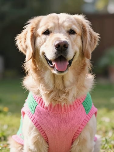 Eye-level portrait of a happy golden retriever wearing a vibrant pink and green handmade sweater in a sunny garden, warm daylight, shallow depth of field.