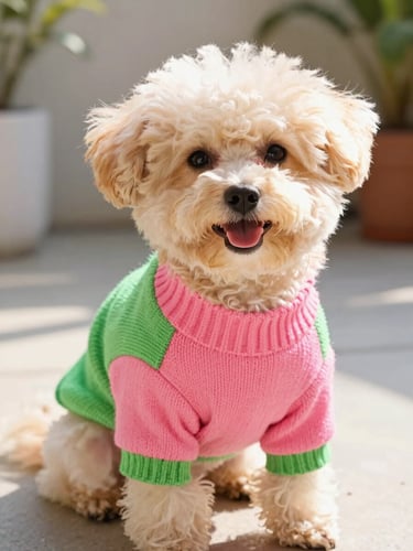 A happy small fluffy dog wearing a vibrant pink and green handcrafted sweater, sitting in a sunny patio, close-up eye-level shot, warm daylight