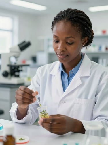 A close-up of a Guinean female scientist analyzing agricultural samples in a brightly lit modern laboratory, editorial documentary style, 35mm lens, shallow depth of field.