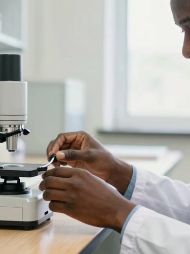 A close-up of a Guinean researcher in a bright, naturally lit laboratory, adjusting a prototype device on a wooden workbench, shallow depth of field.