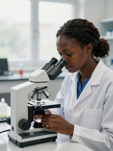 A focused Guinean female researcher in a bright modern laboratory adjusting a microscope, soft natural window light, shallow depth of field.