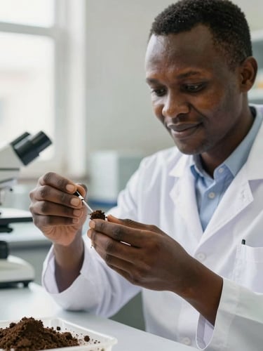 Medium close-up of a Guinean researcher in a bright, daylight-filled laboratory, focusing on a soil sample analysis, shallow depth of field, 35mm lens.