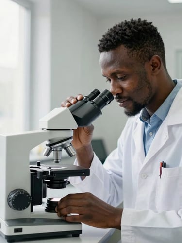A professional Guinean researcher in a clean modern laboratory, adjusting a microscope under bright natural window light, focused editorial documentary style.