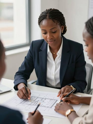 A collaborative mentoring session in Conakry, a professional female mentor guiding a young Guinean entrepreneur over a clean architectural blueprint, natural light.